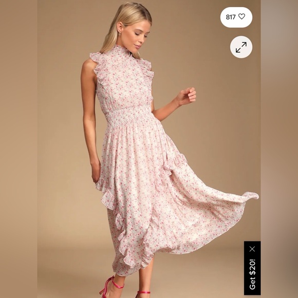 Lulu's Blush Floral Midi Dress with Ruffles - Picture 3 of 8